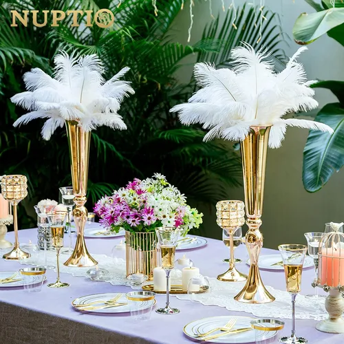 Vista 2 de NUPTIO Mesa de centro de mesa alta dorada: jarrones de trompeta de 21.9 pulgadas para boda, soporte de flores de metal para decoraciones de fiesta
