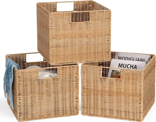 Vista 6 de Cesta de almacenamiento de mimbre de plástico de 12x12x10 pulgadas, cesta de almacenamiento de cubo de mimbre plegable para estantes, cesta