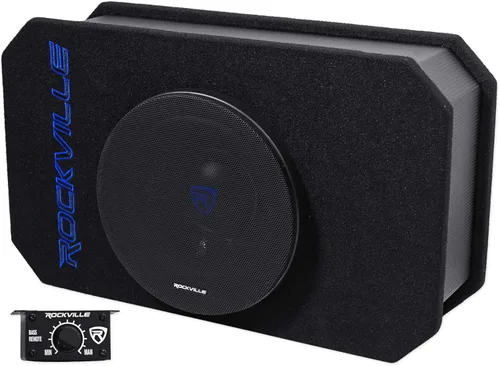 Rockville RMW8A - Subwoofer para camión de 800 W, 8 pulgadas, amplificador clase D, 4 ohmios, carcasa con puerto delgado, control remoto de bajos,