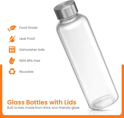 Vista 4 de Epica Botellas de vidrio con tapas: botellas de agua de 17.5 onzas, botellas de jugo de vidrio reutilizables con tapas para almacenar jugos, botella
