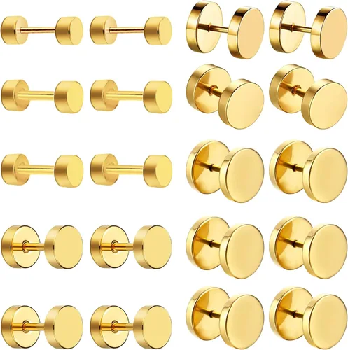 NEWITIN 10 pares de aretes negros para hombre, aretes de calibre sintético, hipoalergénicos, aretes de acero inoxidable para hombres y mujeres 10
