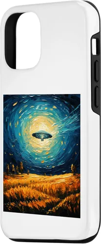 Vista 2 de iPhone 14 Funny paint Alien UFO Lover Starry Night Alien UFO Van Gogh Case