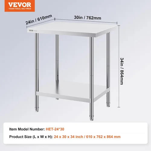 Vista 3 de VEVOR Mesa de preparación de acero inoxidable, 24 x 30 x 34 pulgadas, capacidad de carga de 700 libras, mesa de trabajo de metal resistente con 3