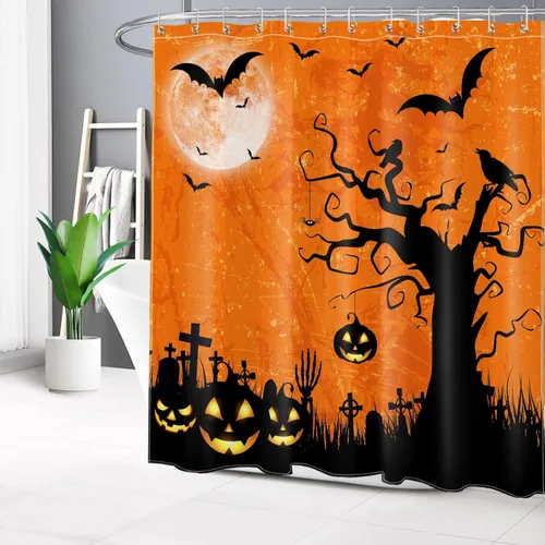 Vista 15 de LB Halloween Shower Curtain Horror Pumpkin Lights with Dead Tree Bat Crow on Blue Background Bathroom Shower Curtain Full Moon Bathroom Decor with