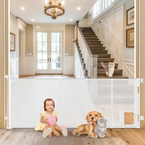 Vista 9 de Puerta retráctil extra ancha reforzada de 90 pulgadas para mascotas con puerta para gatos, puerta de malla de 33 pulgadas de alto, puertas