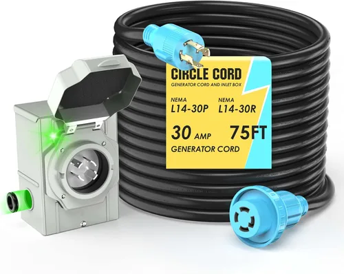 Vista 10 de CircleCord Caja de entrada y cable de extensión de generador de 4 puntas de 20 pies 30 amperios con conector de bloqueo, cable de alimentación