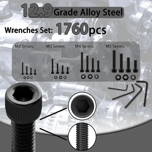 Vista 4 de Surtido de tornillos métricos M2 M3 M4 M5, grado 12.9, cabeza hexagonal de acero de aleación de grado 12.9, tornillos y tuercas, juego de arandelas