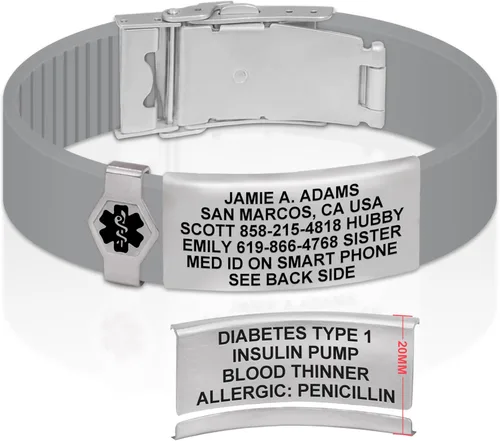 Vista 179 de Divoti Pulsera de identificación de alerta médica grabada personalizada, grabado láser de doble cara (hasta 9 líneas), pulsera de silicona ajustable