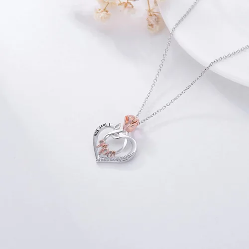 Vista 6 de Joyería de plata esterlina 925 para mujer, collar con pendiente de flor y corazón de cristal, para cumpleaños, regalos para mamá, abuela, esposa 01
