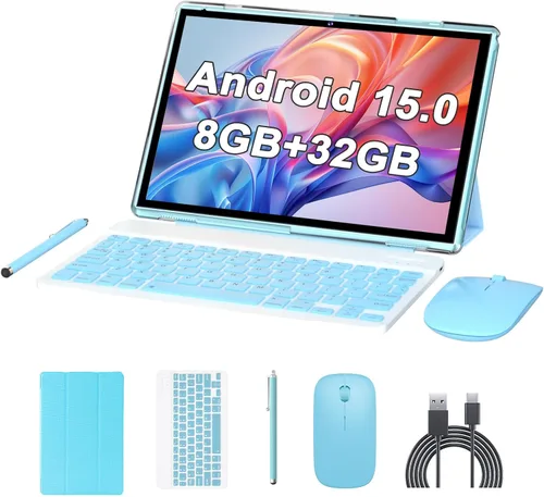Vista 10 de Tablet Android 15 de 10 pulgadas con lápiz capacitivo de teclado, 8 GB de RAM 2 en 1 Tableta, incluye mouse y funda protectora, batería de 6000 mAh
