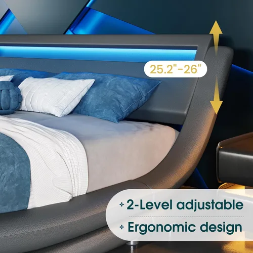 Vista 12 de WEEWAY Base de cama moderna tamaño Queen con cabecera de luces LED RGBW, diseño de trineo tapizado de perfil bajo, soporte de listones de madera