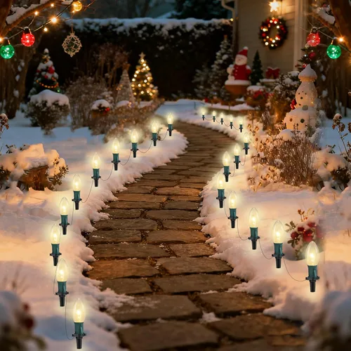 Vista 13 de Luces LED C9 para caminos de Navidad al aire libre, 38 pies, 25 bombillas LED C9 multicolor, luces de estacas de camino de Navidad, luces