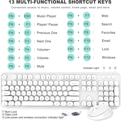 Vista 4 de Combo de teclado y mouse inalámbricos, teclado ergonómico de tamaño completo con diseño retro tipo máquina de escribir, con teclas redondas, Blanco