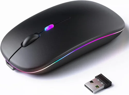KANMABPC Mouse inalámbrico Bluetooth – Recargable, silencioso, modo dual (Bluetooth 5.2 y USB) con luces LED – Portátil para laptop, escritorio y