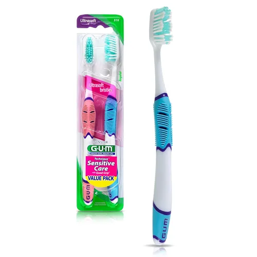Vista 2 de Cepillo de dientes GUM Technique Sensitive Care con mango Quad-Grip, cabezal completo y cerdas Ultra Soft Dome Trim para la eliminación de placa que