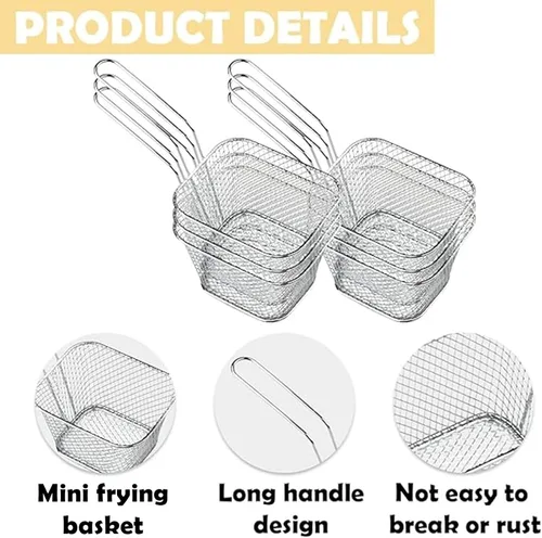 Vista 3 de Cesta para freír de acero inoxidable, 12 unidades, mini soportes cuadrados para cocinar Silver Metal Mesh Serving Food Baskets, Handle Deep Fryer