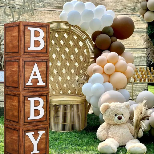 Vista 8 de Cajas de baby shower para decoración de fiesta, 4 bloques de madera de grano marrón con letras de bebé, letras impresas, decoración de centro