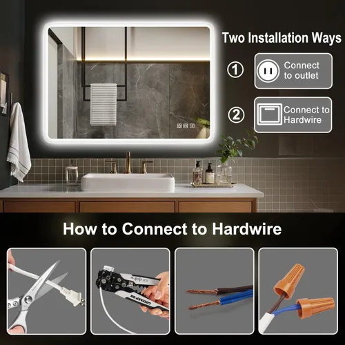 Vista 7 de S'bagno Espejo de baño LED de 32 x 24 pulgadas con luces, altavoz Bluetooth, antivaho e impermeable, espejo de pared regulable con control táctil, 3