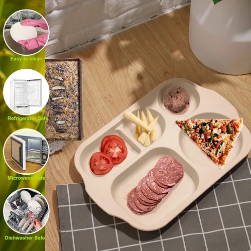 Vista 4 de Tanlade 8 platos divididos irrompibles grandes de 12 pulgadas, bandeja de comida de paja de trigo de 5 compartimentos, bandeja de control de Beige
