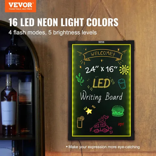 Vista 2 de VEVOR Pizarra de Mensajes con Escritura LED, 24"x16" Pizarra Iluminada Borrable, Tablero de Letreros de Menú con Efecto Neón, Tablero de Dibujo