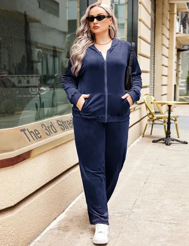Vista 2 de IN'VOLAND Chándal de terciopelo para mujer, talla grande, sudadera de manga larga, 2 piezas, sudadera con capucha y bolsillos