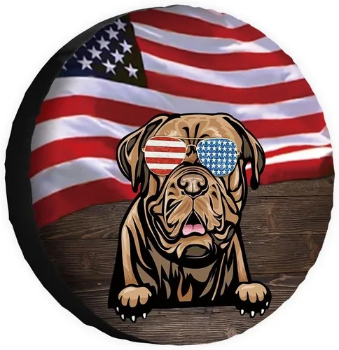 Vista 15 de Cubierta de neumático de repuesto para perro salchicha con gafas de sol con bandera de Estados Unidos, fundas protectoras de ruedas a prueba