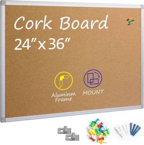 Vista 13 de Tablero de corcho Board2by 20 x 30 Pulgadas, Tablero de anuncios con marco de aluminio plateado, Tablero de corcho para pared de oficina, gran