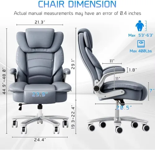Big and Tall Office Chair Wide Seat Ergonomic High Back Leather Executive Desk Chair with Flip-up Arms 500lb,Blue