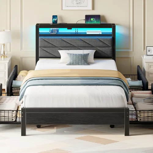 Vista 18 de Seventable Base de cama individual con estación de carga y luces LED, cabecera tapizada con estantes de almacenamiento de 2 niveles, plataforma