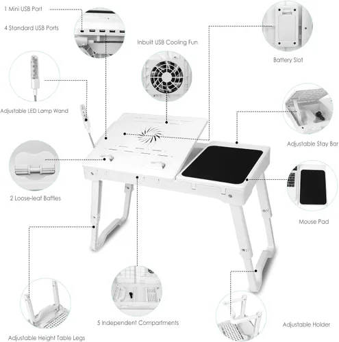 Vista 3 de iMountek Mesa multifuncional para computadora portátil, portátil, mesa de cama, ventilador de refrigeración, luz LED, 4 puertos USB, alfombrilla