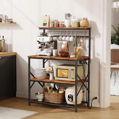 Vista 29 de Furologee Estante para hornear de cocina con toma de corriente, soporte para horno de microondas con almacenamiento de 4 niveles, mesa de café con 6