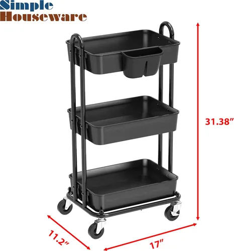 Vista 3 de Simple Houseware - Carro multiusos rodante de 3 niveles con cubo colgante, color Negro