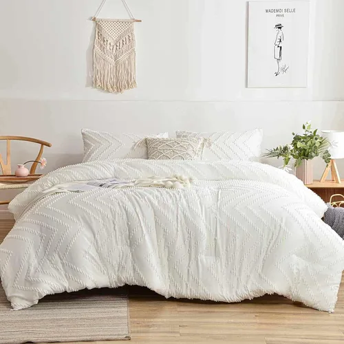 Vista 11 de Nanko Juego de edredón tamaño individual blanco con jacquard copetudo bohemio suave shabby chic reversible de microfibra alternativa al plumón