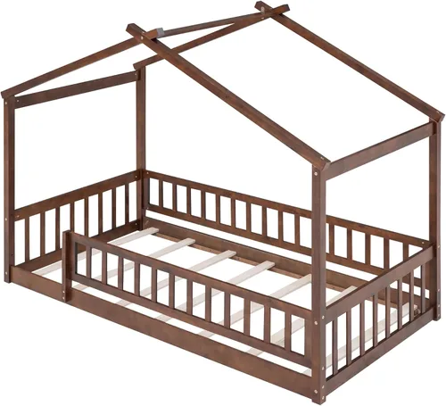 Vista 39 de Harper & Bright Designs Cama Montessori de tamaño matrimonial, cama de piso para niños con barandilla de valla, marcos de cama matrimonial de madera