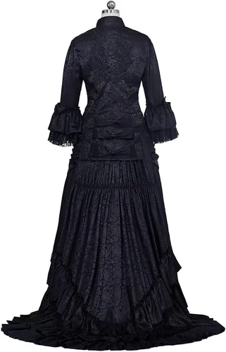 Vista 5 de Black Victorian Bustle Dress Gown Halloween Costume Steampunk Victorian Gothic Cosplay Costume