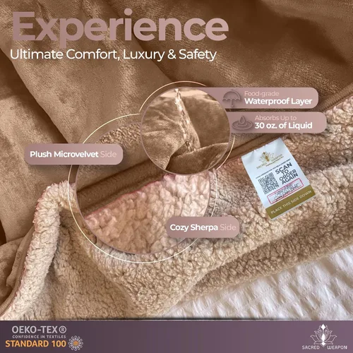 Vista 5 de Sacred Weapon - Manta impermeable para cama – Mini manta Sherpa y forro polar – Manta impermeable para sofá y protector de colchón, absorbente Beige