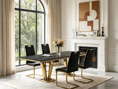 Vista 15 de 5 Piece Black Marble Dining Table Set for 4, Modern Faux Marble Kitchen Dining Room Tables with 4 Leather Chairs Set, 68.11" Luxury Rectangular