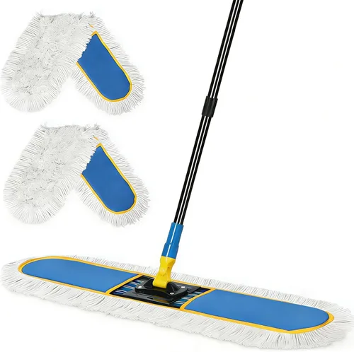 Trapeador de polvo comercial de 36 pulgadas para limpieza de suelos con 2 almohadillas de algodón, plumero industrial de gran resistencia, mopas Azul