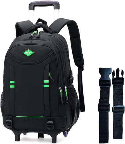 Mochila con ruedas para niños de escuela primaria con ruedas, bolsa de viaje con 2 ruedas y 6 ruedas, NegroVerde 2 Ruedas, Moderno