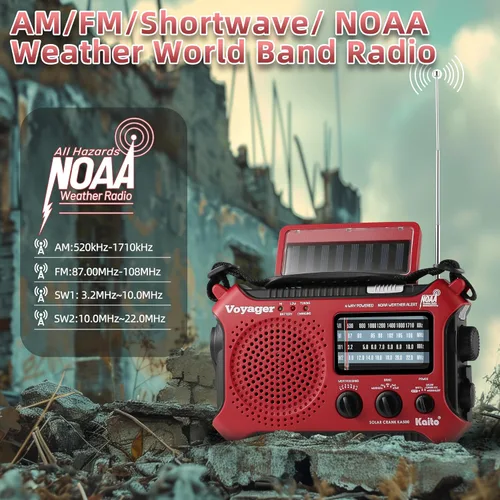 Vista 5 de Radio de alerta meteorológica Kaito KA500 de emergencia AM/FM/SW con 5 funciones Rojo