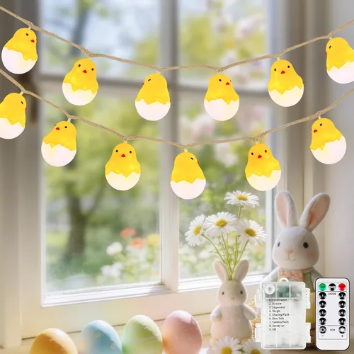 Vista 13 de YIQU Guirnalda de luces de decoración de Pascua, 10 pies, 12 LED, guirnalda de mantel de pollitos para interiores, funciona