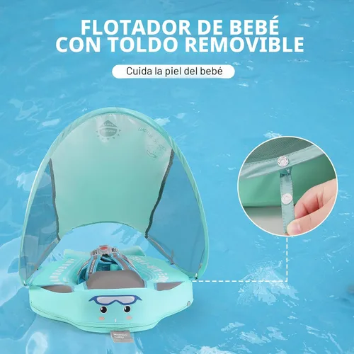 Vista 3 de Flotadores para bebé para piscina con dosel toldo de protección solar extraíble Mambobaby Float No Inflable Mejora Añadir cola Evitar Voltear Verde