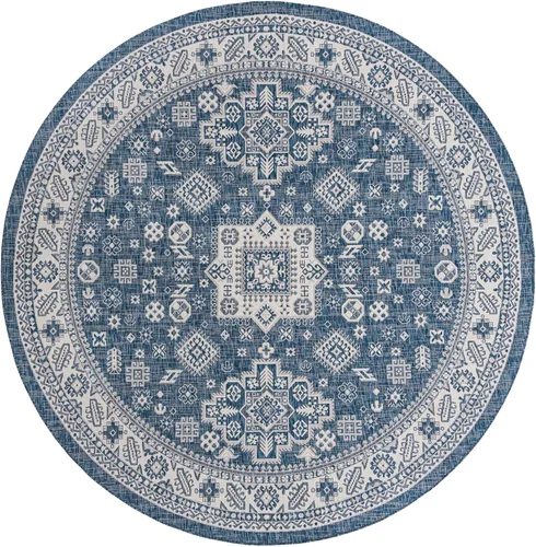 Vista 3 de Unique Loom Outdoor Aztec Collection Alfombra de área - Chalca (10 pies, redonda, azul/marfil)