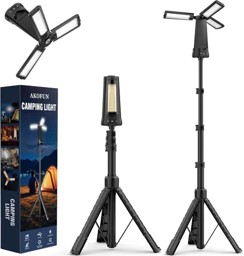 Luz de campamento recargable de 15000 mAh con soporte, luz de trabajo inalámbrica con 3 cabezales de lámpara LED, 5500 lúmenes regulables, linterna