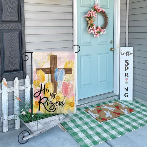 Vista 8 de Bandera de jardín de Pascua con texto en inglés «He is Risen» para exteriores, de doble cara, de doble cara, decoración religiosa cristiana