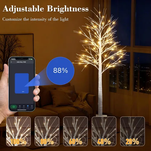 Vista 5 de Árbol de abedul iluminado inteligente de 6 pies con luces LED WW para decoración de Navidad, control de aplicación y botón, sincronización musical