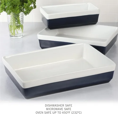 Vista 5 de MARTHA STEWART Juego de 3 piezas de utensilios para hornear de gres para horno a mesa, juego de fuente para hornear y cazuela, azul cobalto