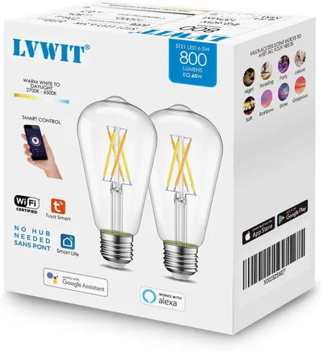 Vista 7 de LVWIT Bombilla inteligente LED vintage ST21 Edison regulable WiFi, equivalente a 60 vatios, base E26, 2700K - 6500K, compatible con Alexa, Google