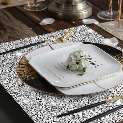 Vista 5 de Juego de 1 mantel individual cuadrado plateado resistente al calor, salvamanteles plateados con diamantes de imitación, decoración de diamantes
