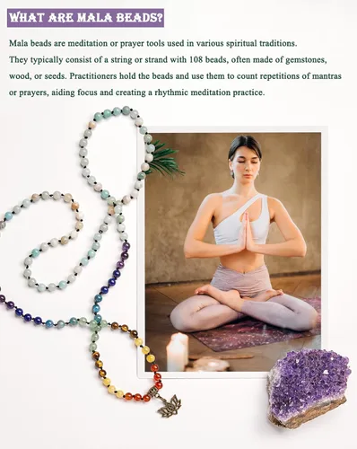 Vista 5 de Bivei 7 Chakra 108 Mala Beads Bracelet Real Healing Gemstone Yoga Meditation Hand Knotted Mala Prayer Bead Necklace